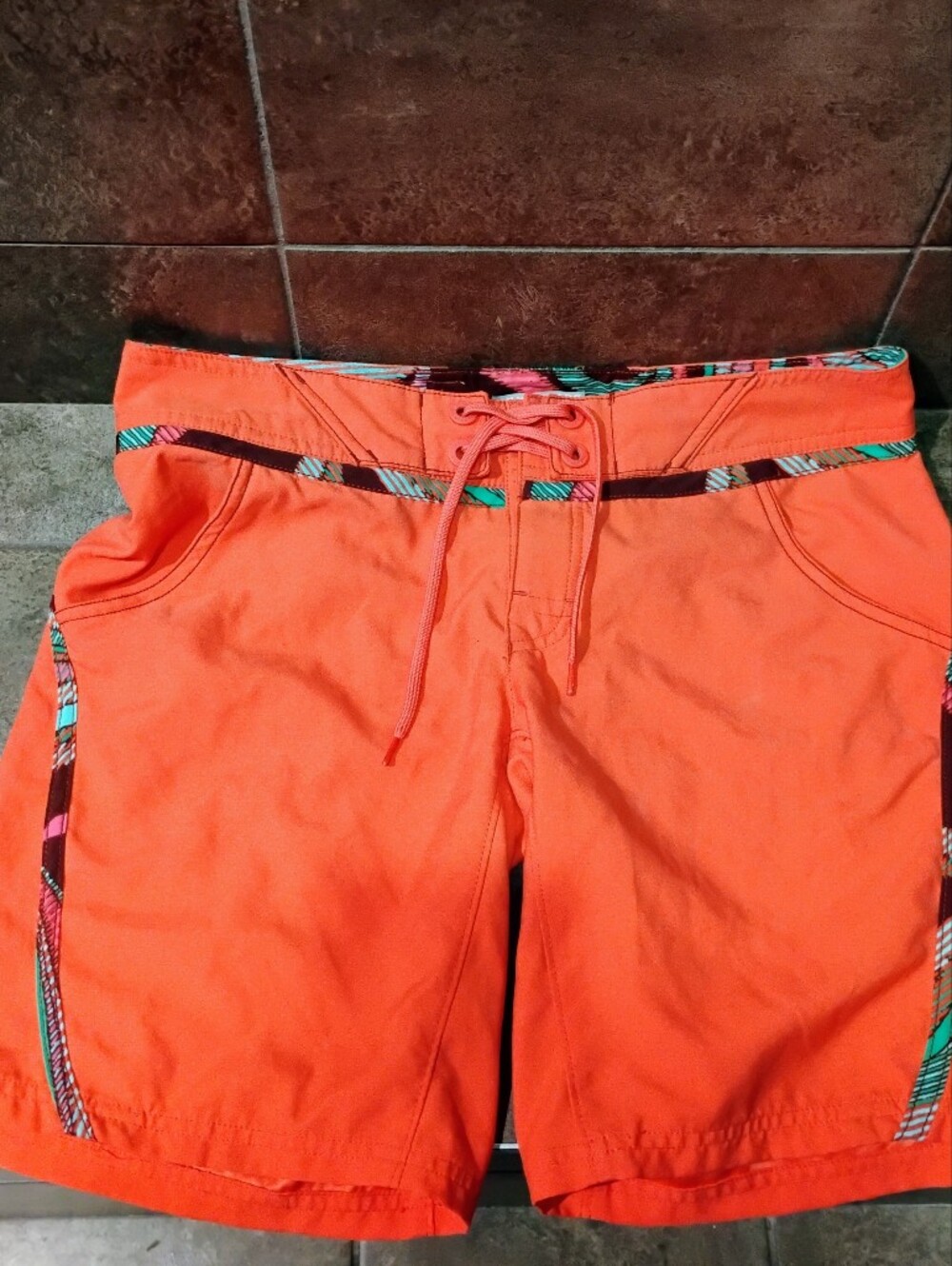Men's Orange/ Melon Drawstring Swim Trunks with Pattern Trim